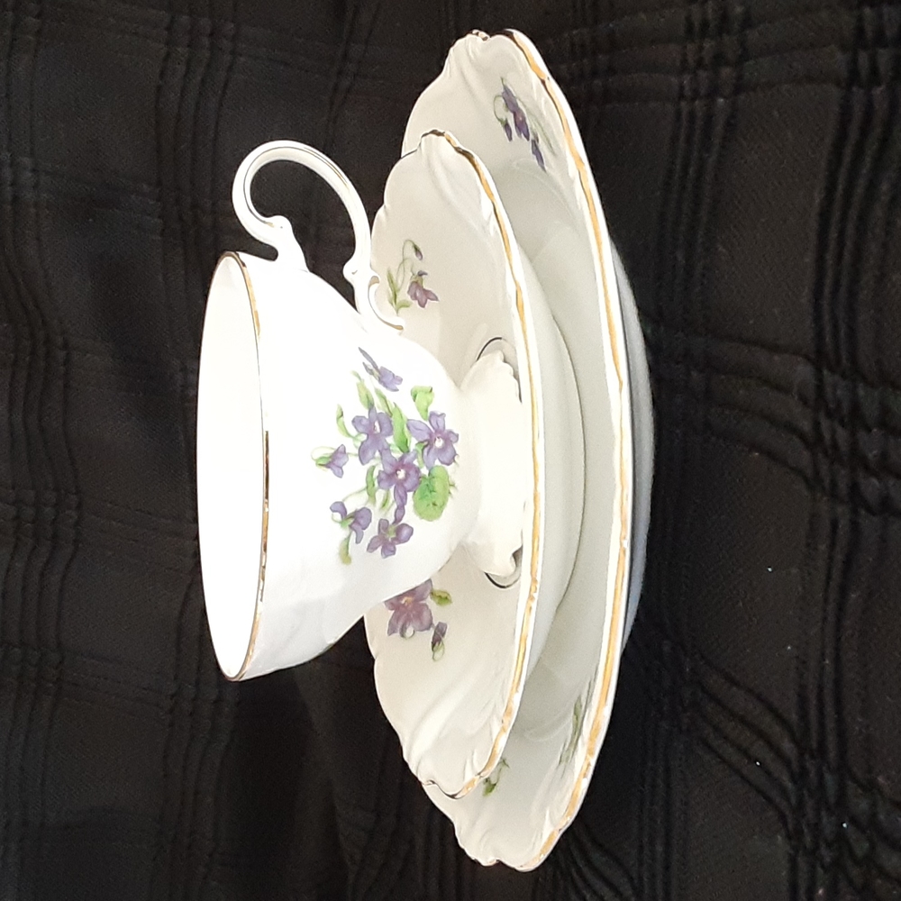 Johann Haviland Violetta 3-pc Set Teacup Saucer Salad Plate Purple Violets  Vtg